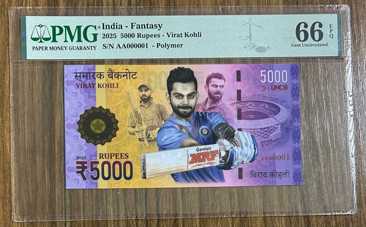 VIRAT KOHLI , Grade 66, S/N AA 000001 \ 5000 Rupees \ UNCB banknote by UNCB on MYNTED