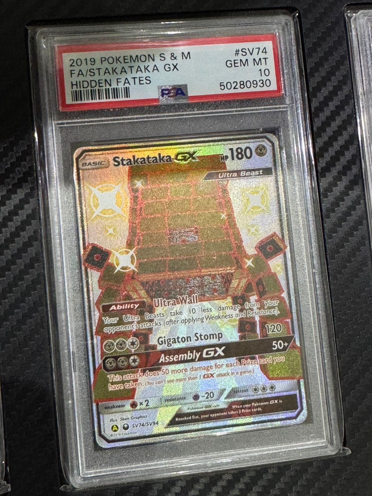 PSA 10 POKEMON SUN & MOON HIDDEN FATES #SV74 FA/STAKATAKA GX HIDDEN FATES
