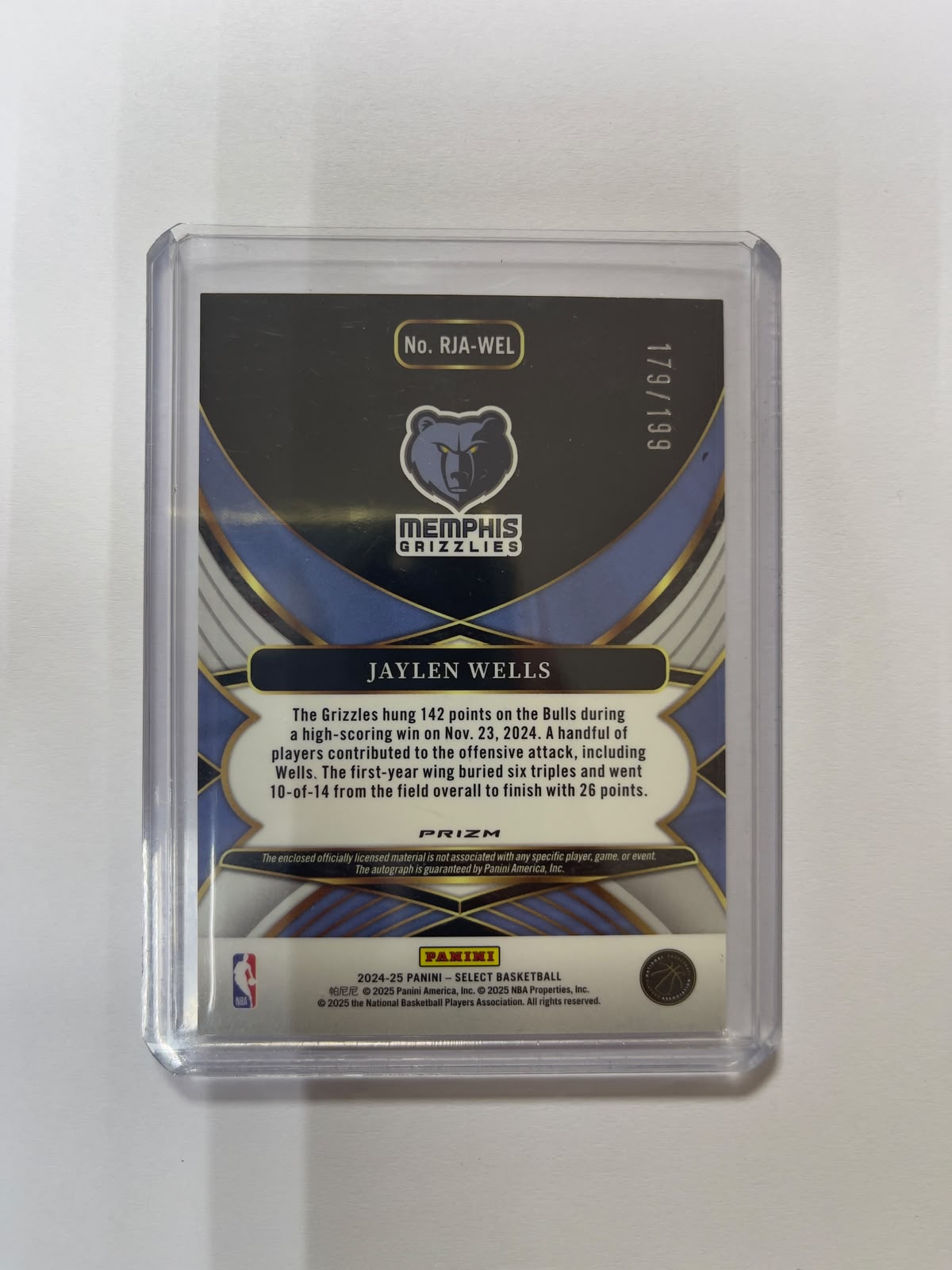 Jaylen Wells RC Auto Patch /199 - 2024-25 Panini Select
