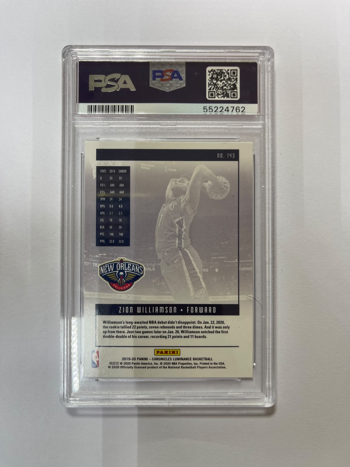 Zion Williamson RC - 2019-2020 Panini Chronicles Luminance PSA 9