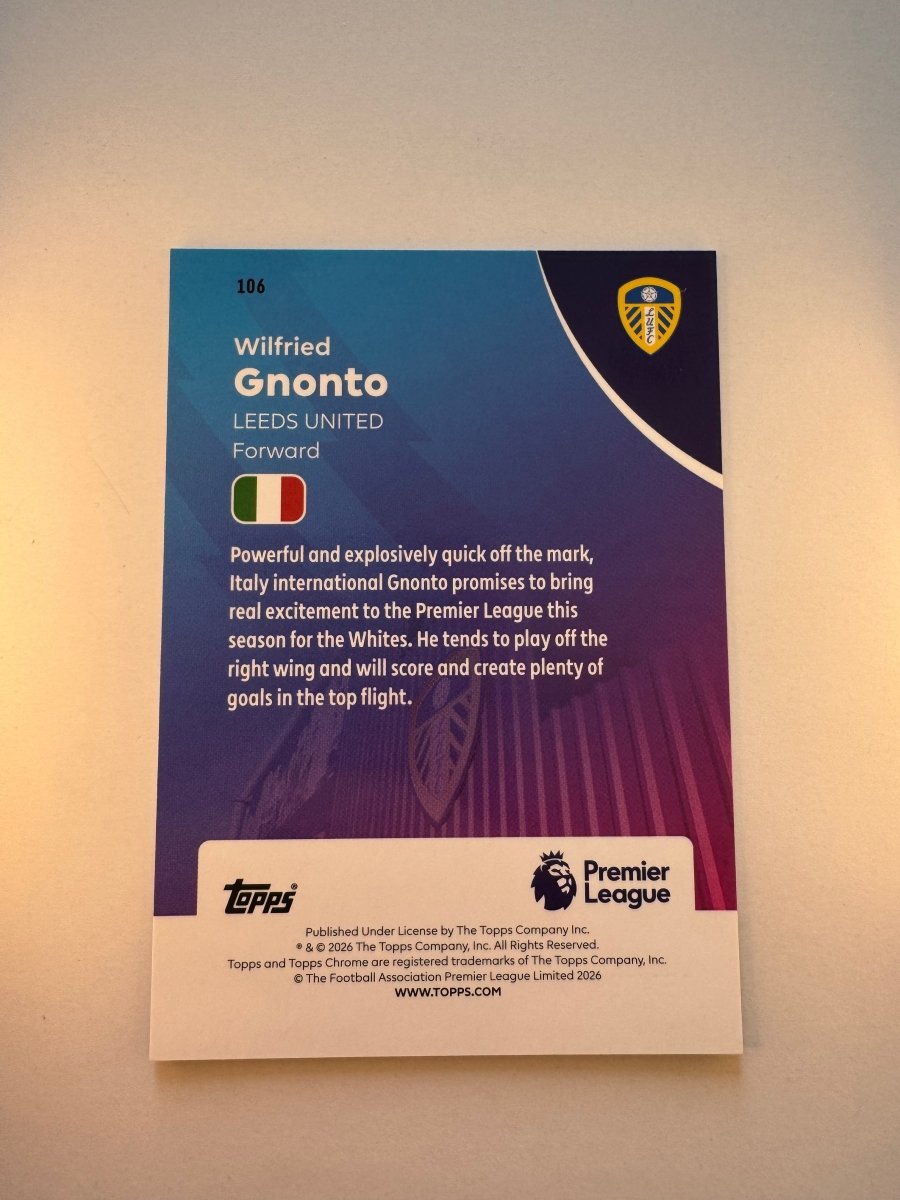 Wilfried Gnonto 106 Aqua Wave Refractor 100/199 — 2026 Topps Chrome Premier League — Leeds United by KitRoom Cards on MYNTED