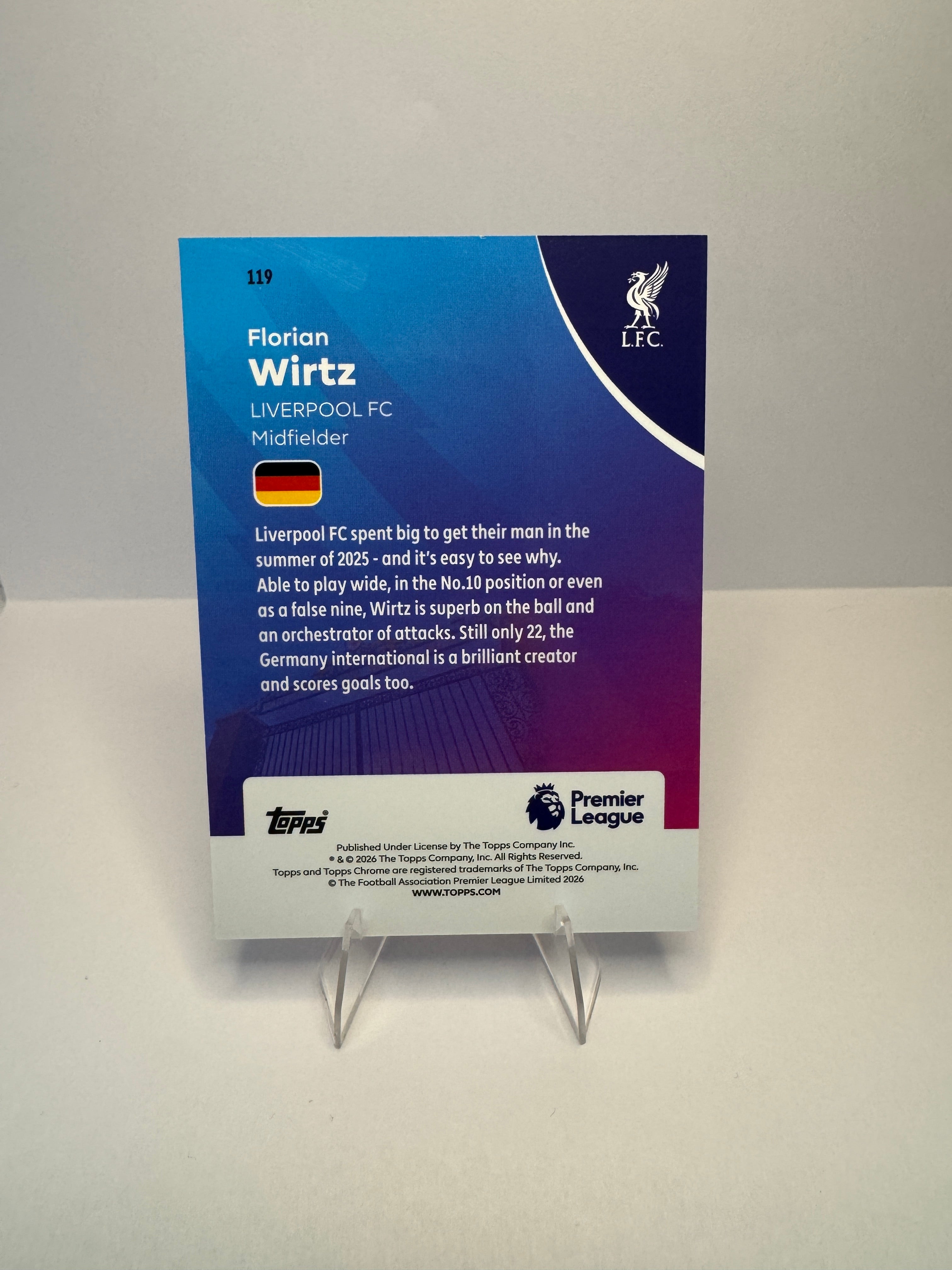 Florian Wirtz #119 Refractor — 2026 Topps Chrome Premier League — Liverpool FC